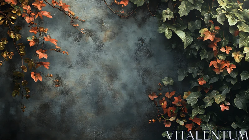 Autumn ivy foliage framing textured blue concrete wall.