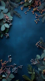 Botanical winter border frames textured teal background surface