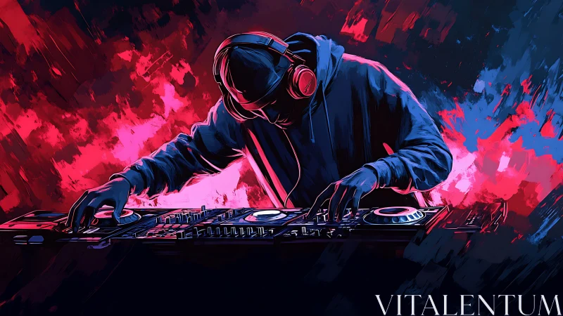 Neon drenched DJ mixing under electric pink soundscapes.