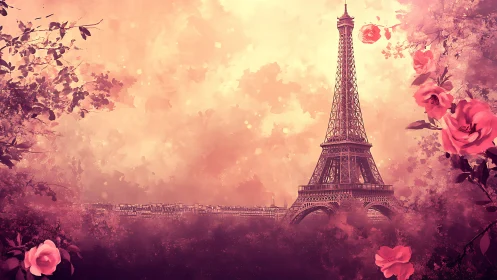 Paris Eiffel Tower in Blooming Pink Hues.