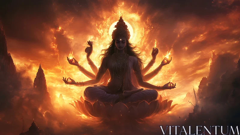 Divine multi-armed deity in blazing celestial lotus glow.