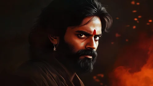 Smoldering warrior gaze amid ember-dark nightfall portrait.