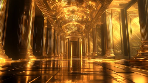 Golden palace corridor with glowing neoclassical columns.