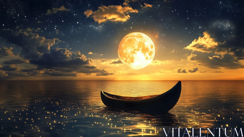 Luminous full moon aligns with solitary boat on reflective sea