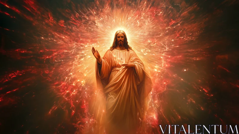 Religious figure stands in radiant, fiery cosmic light burst