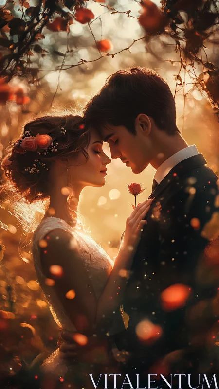 Silhouetted lovers exchange tender moment amid golden bokeh.