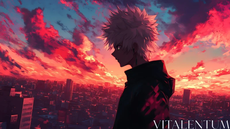 Silhouetted anime figure above city at vivid sunset sky.