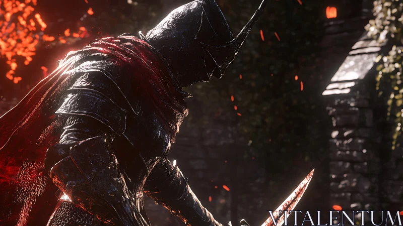 Armored swordsman stands in side profile in burning light