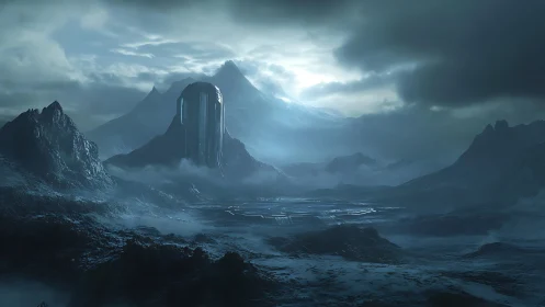 Silent alien monolith rising over misty frozen valley.