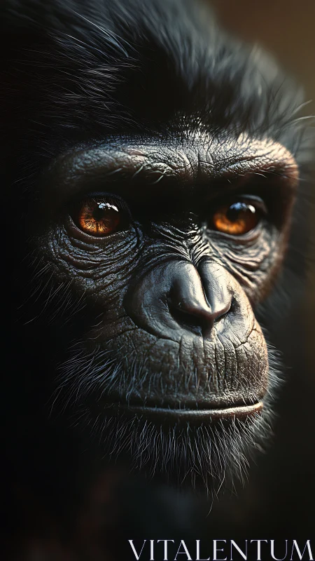 Quiet amber-eyed chimp portrait in gentle side light.