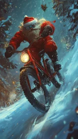 Santa shreds snowy forest trail on glowing red bike.