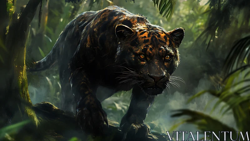 Black Leopard Prowling Through Jungle Mist.