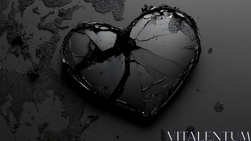Shattered black heart on dark reflective surface.
