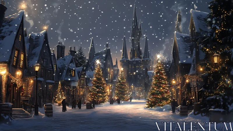 Snow covered village street shows lit trees and distant castle