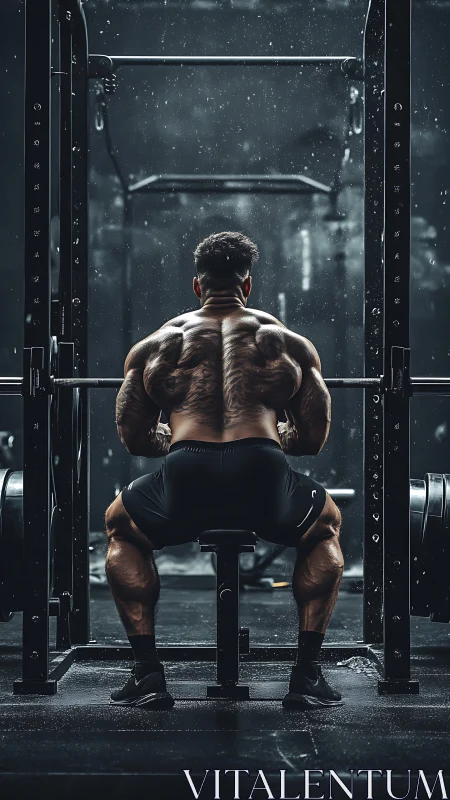 Ironclad back titan resting beneath the stormlit squat rack.