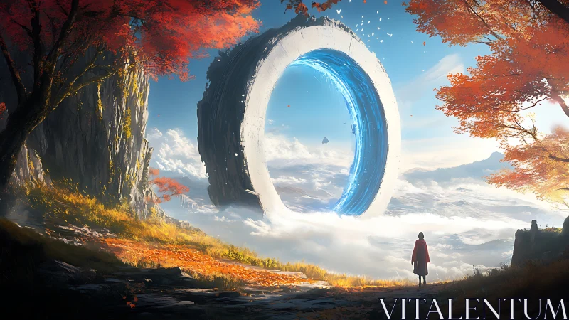 Wanderer gazes at glowing sky portal above autumn cliffs.