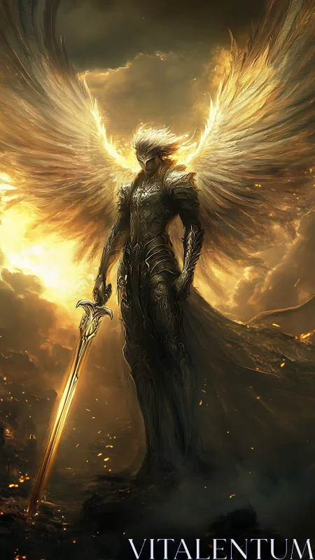 Armored seraphic warrior with flaming sword in volcanic dusk