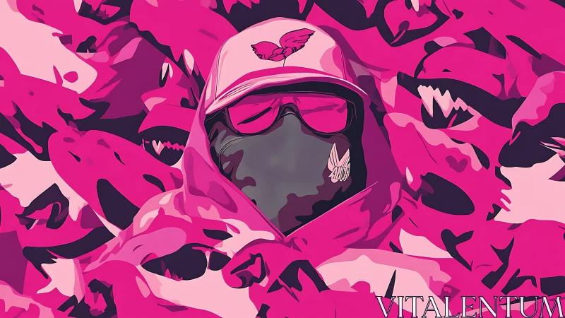 Pink camo masked figure within stylized predator skulls.