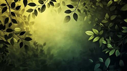 Soft forest foliage frames a tranquil glowing green mist