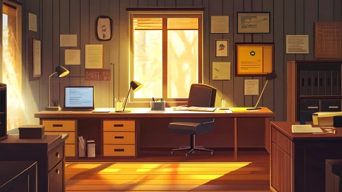 Sunlit writer’s studio glows with quiet, golden purpose.