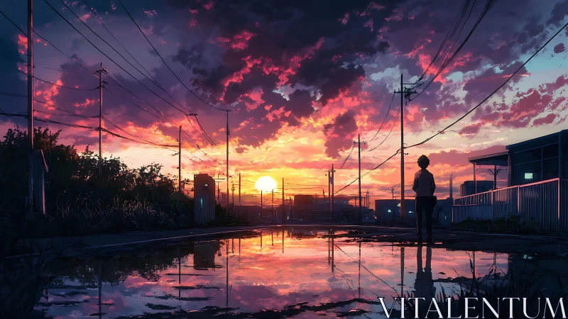 Solitary figure contemplates a neon-lit sunset street reflection.