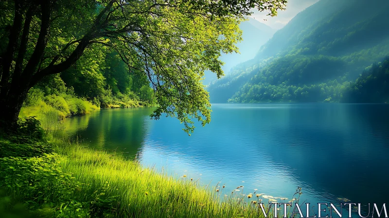 Lakeside forest edge with mountains in soft atmospheric light.