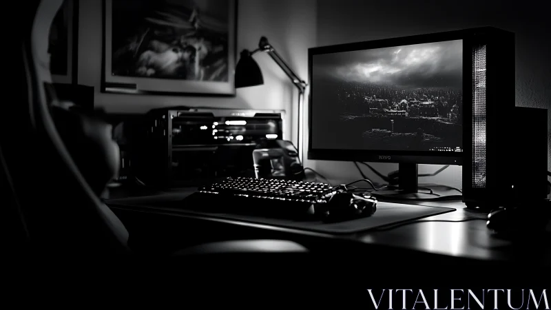 Monochrome gaming workstation glows in dramatic low light.