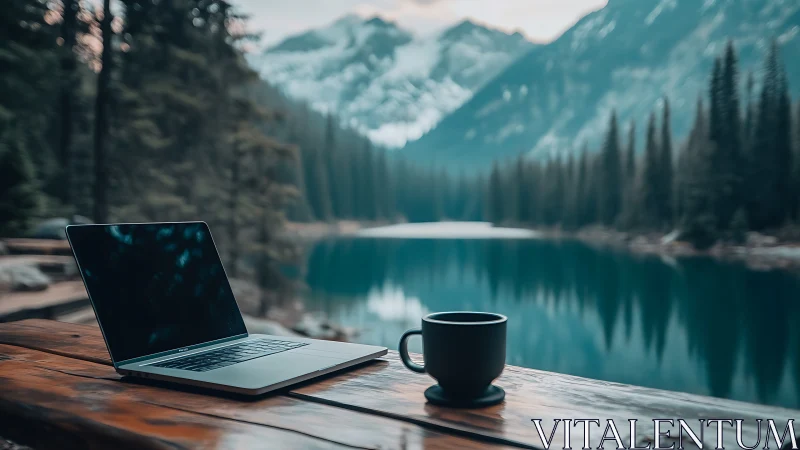 Laptop and lakebound coffee plotting a quiet mountain workday.
