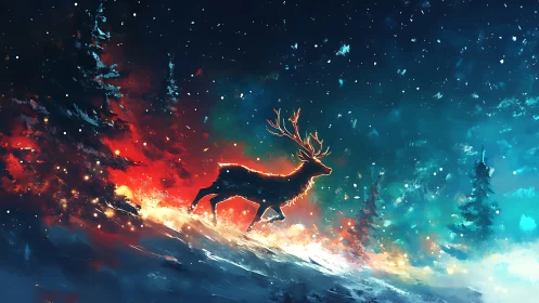 Glowing stag running through snowy night forest slope.