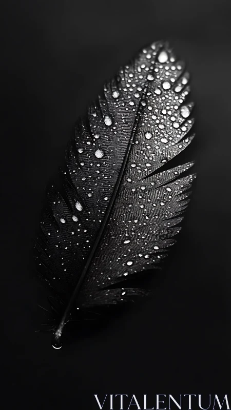 Macro study of black feather with water droplets on black field
