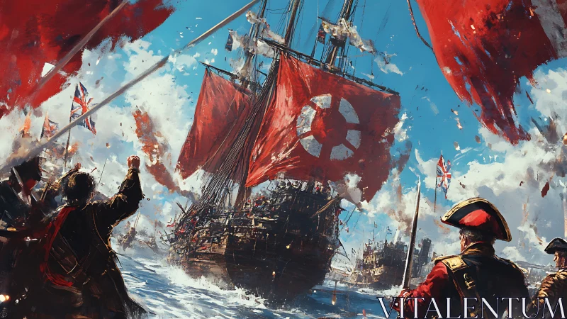 Naval broadside engagement with red-flagged warship under fire.