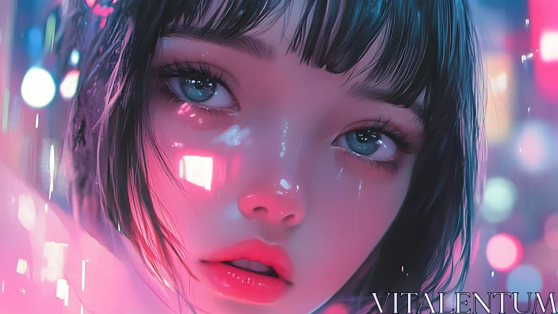 Neon lit close up of tearful girl in soft cyberpunk city