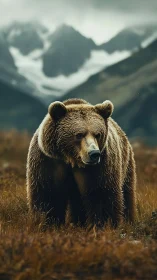 Brown bear standing in alpine meadow before distant peaks.