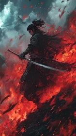 Lone samurai in searing crimson flames and storm clouds.