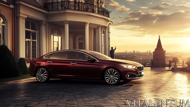 Crimson luxury sedan glides before sunset city manor.