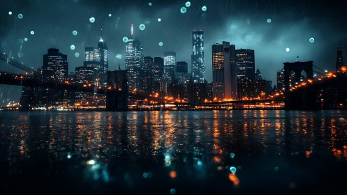 Nocturnal rain over neon-lit city skyline with reflective river