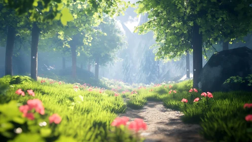 Sunlit Forest Glade with Wildflower Meadow and Volumetric Light.