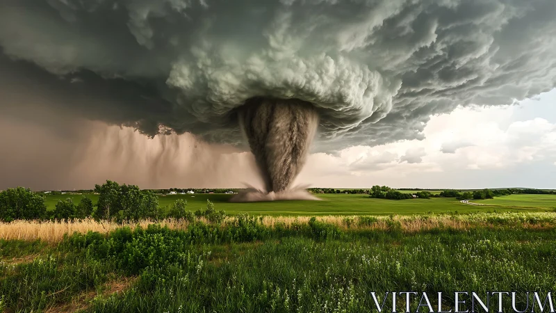 Massive tornado descends over open farmland under dark skies