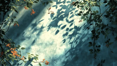 Sunlit botanical shadows on textured blue wall, artistic style.