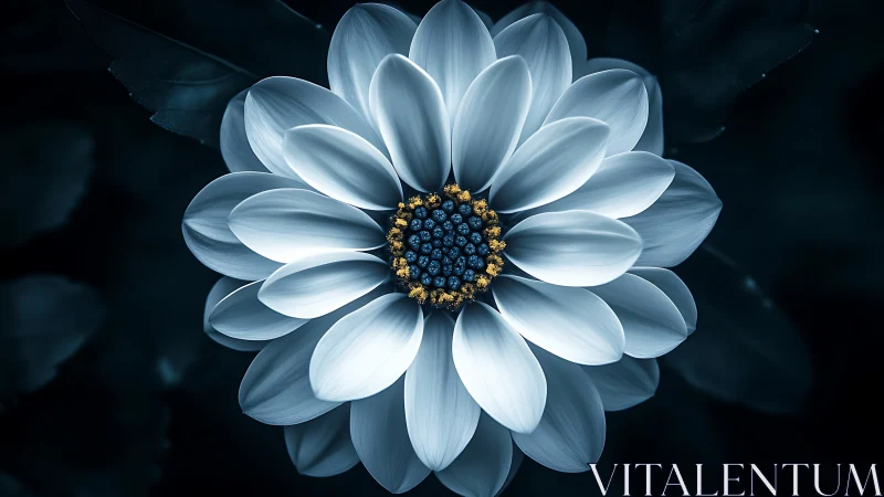 White Daisy with Golden Stamen Against Deep Teal Background.