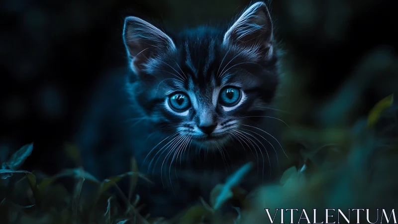 Luminous Kitten With Piercing Sapphire Eyes in Twilight.