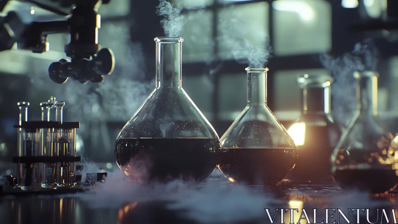 Steaming laboratory flasks hold dark liquid under soft light