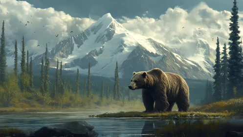 Gentle brown bear strolls by a quiet alpine river