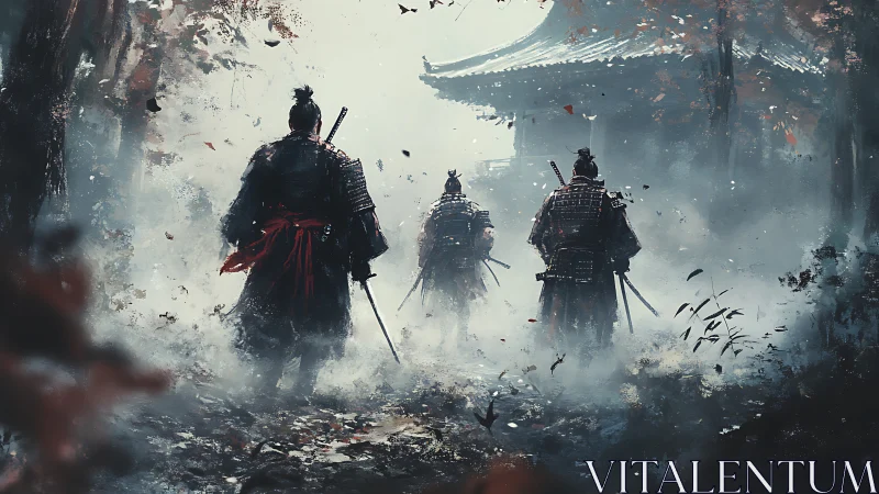 Mistwalk of the Scarlet Ronin toward a silent mountain shrine.