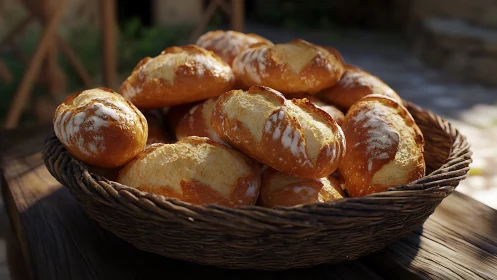 Freshly Baked Artisan Rolls in Woven Basket