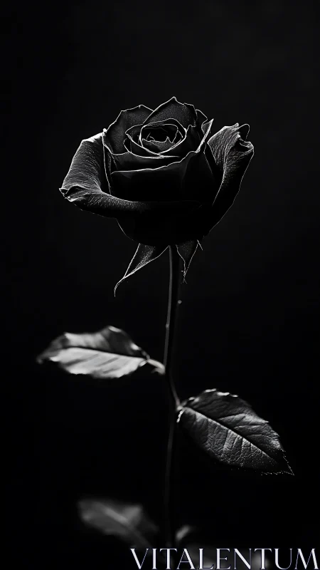 Monochrome macro study of a single black rose stemmed portrait.