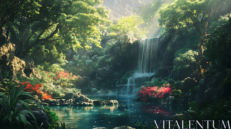 Luminous forest waterfall over tranquil jade lagoon at dawn.