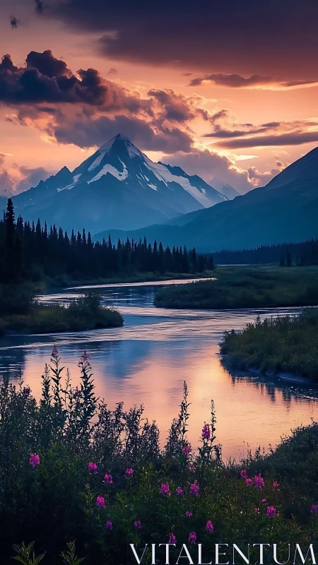 Digital painting of alpine river valley at sunset with florals.