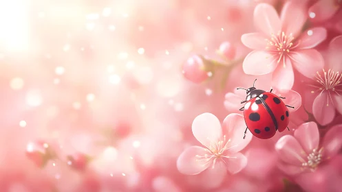 Ladybug drifts through blushing cherry blossom daydreams.