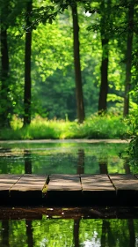 Sunlit forest pond with rustic wooden footbridge reflection.